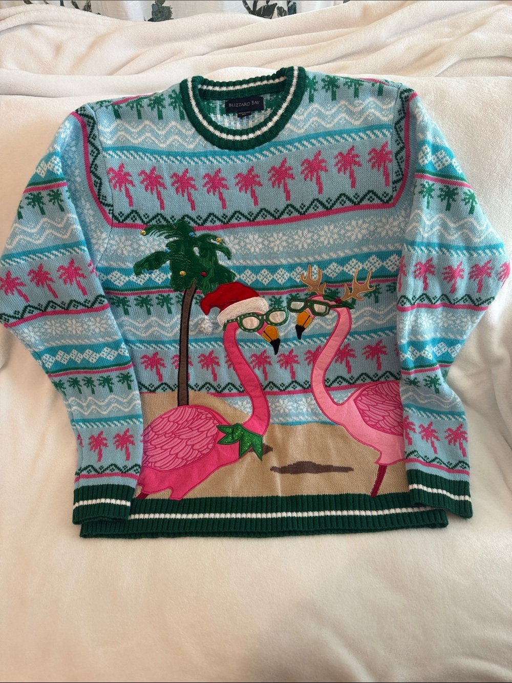 Blizzard Bay Men’s Light Blue & Pink Flamingo Crewneck Sweater